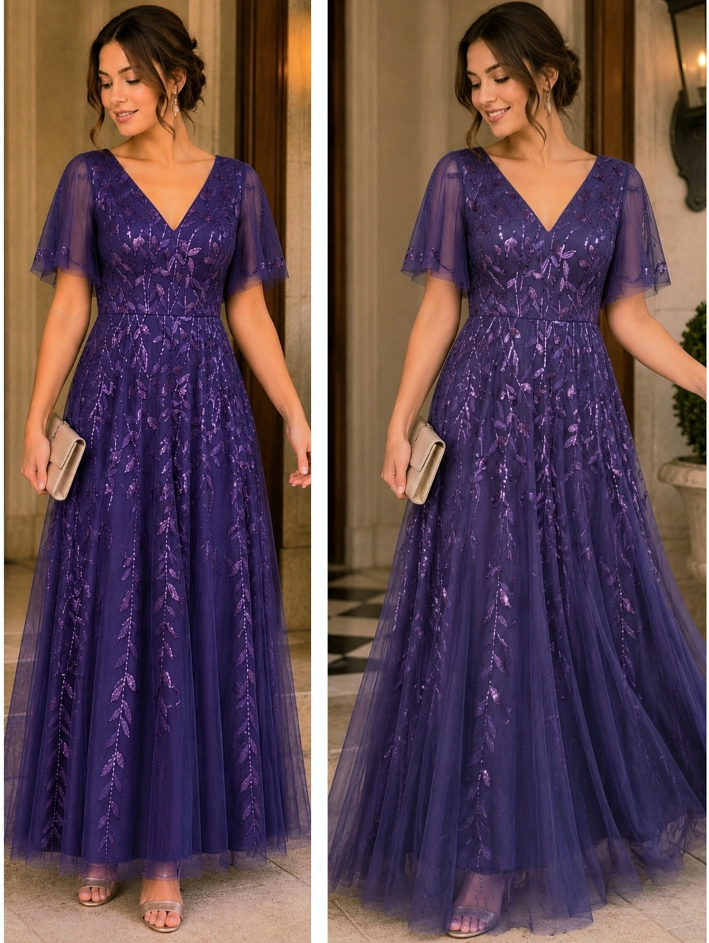PURPLE SEQUIN Ever Pretty Embroidered TULLE DRESS Prom LONG Graduation Size 12